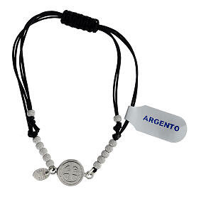 Black rope bracelet with medal of St Benedict, 925 silver