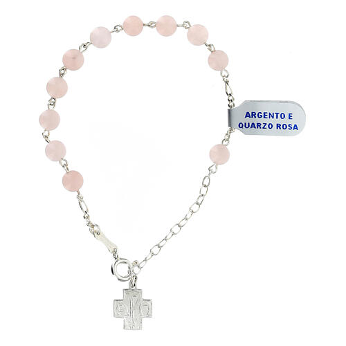 Pulseira terço prata 925 contas quartzo rosa 6 mm cruz Chi-Rho 1