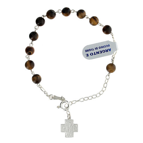 Pulseira terço prata 925 contas olho de tigre 6 mm cruz Chi-Rho 1