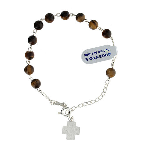 Pulseira terço prata 925 contas olho de tigre 6 mm cruz Chi-Rho 2