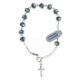 Single decade rosary bracelet, white beads with blue Chi-Rho crosses