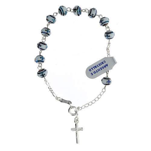 Single decade rosary bracelet, white beads with blue Chi-Rho crosses 1