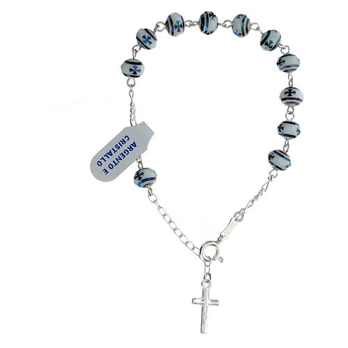 Single decade rosary bracelet, white beads with blue Chi-Rho crosses 2