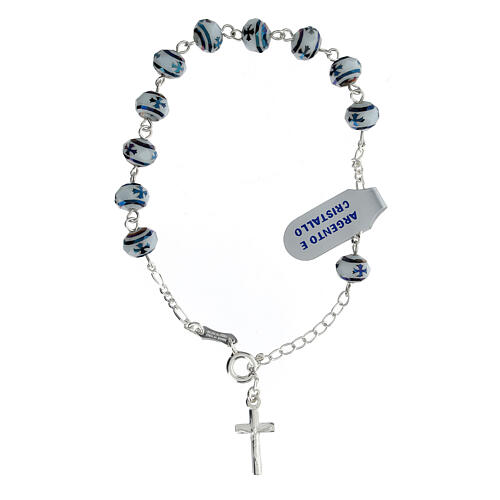 Pulseira dezena prata 925 contas bicolores azul e branco com cruz 1