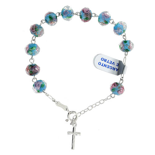 Bracciale vetro 8x10 mm rosario argento 925 azzurro 2