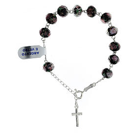 Decade rosary bracelet black roses lampwork beads silver