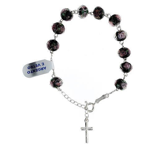 Decade rosary bracelet black roses lampwork beads silver 1