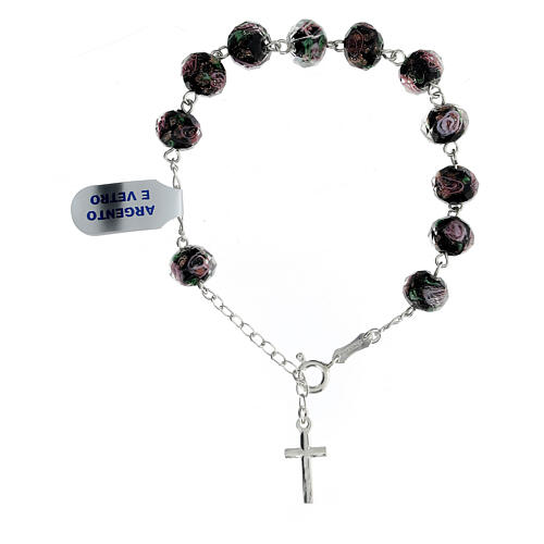 Decade rosary bracelet black roses lampwork beads silver 2