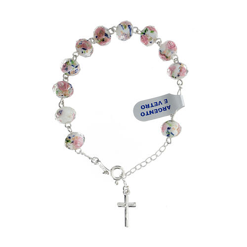 Bracciale perle vetro rosario bianco argento 925 1