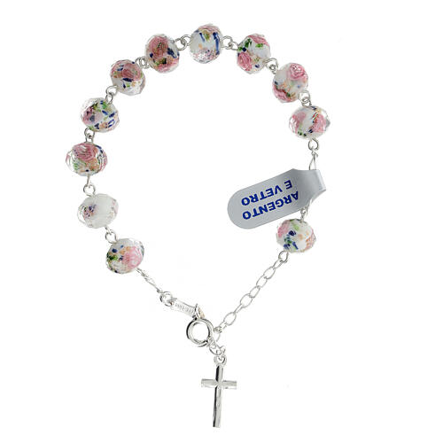 Bracciale perle vetro rosario bianco argento 925 2