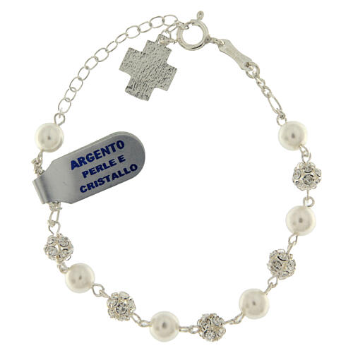 Pulseira dezena prata 925 bolas de strass brancas e pérolas 2