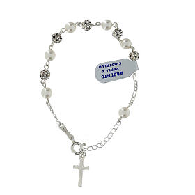Decade rosary bracelet 925 silver with white rhinestones and pearls