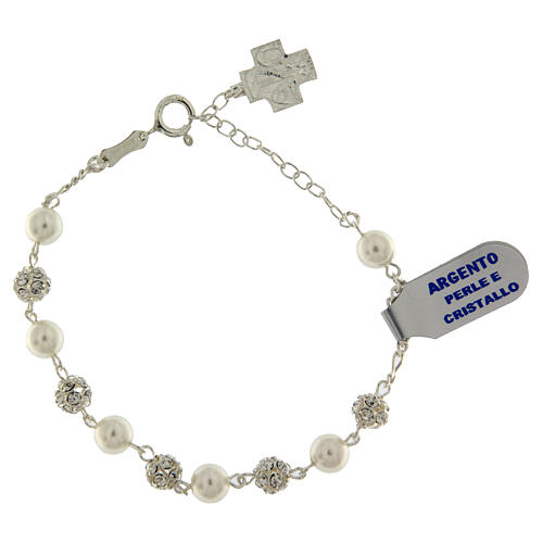 Decade rosary bracelet 925 silver with white rhinestones and pearls 1