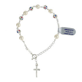 Pulseira dezena prata 925 bolas de strass multicores e pérolas