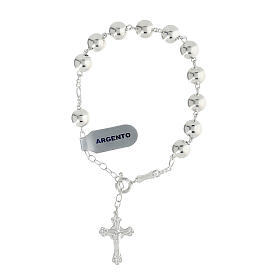 Polished silver rosary bead bracelet with trilobed cross 
