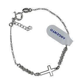 Silver rosary bracelet with cut-out cross and 0.012 in diamond silver beads, 925 silver