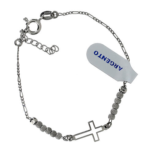Silver rosary bracelet with cut-out cross and 0.012 in diamond silver beads, 925 silver 1