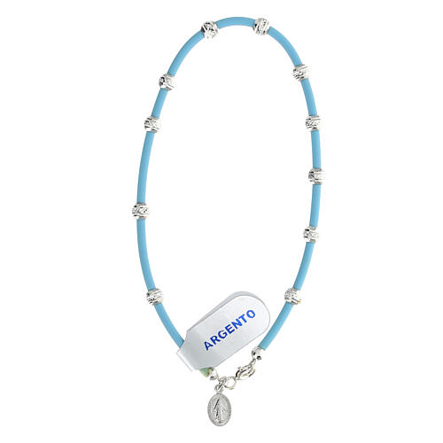 Single decade rosary bracelet, light blue rubber and 925 silver Miraculous Medal 1