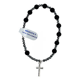 Elastic bracelet with 925 silver cross and 0.024 in volcanic lava beads