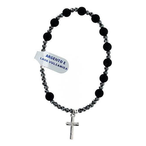 Elastic bracelet with 925 silver cross and 0.024 in volcanic lava beads 1