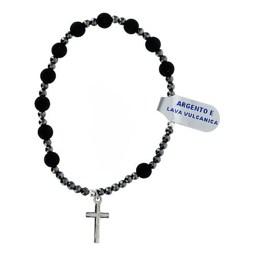 Elastic bracelet with 925 silver cross and 0.024 in volcanic lava beads 2