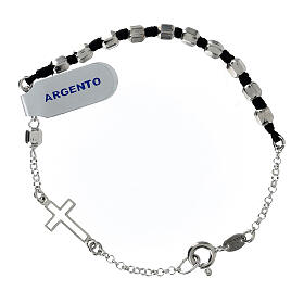 Single decade rosary bracelet with hexagonal beads, rhodium-plated 925 silver and paracord