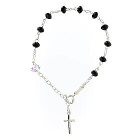 Bracelet with 0.016 in briolette black crystals and 925 silver, white Lord's prayer crystal