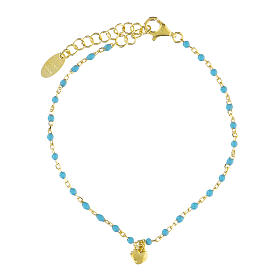 AMEN bracelet with heart-shaped charm and light blue beads, gold plated 925 silver