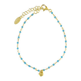 AMEN bracelet with heart-shaped charm and light blue beads, gold plated 925 silver