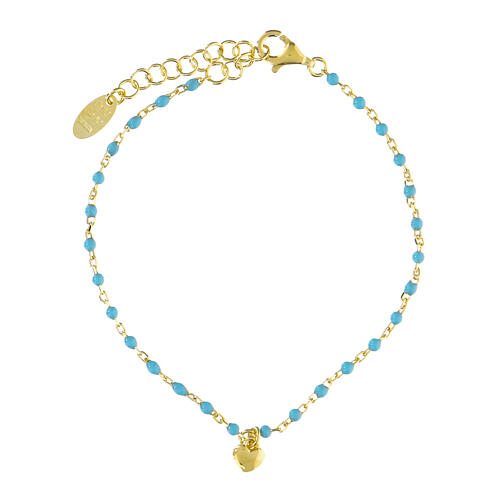 AMEN bracelet with heart-shaped charm and light blue beads, gold plated 925 silver 1
