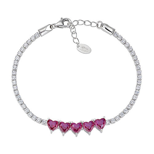 Amen tennis bracelet of 925 silver, heart-spahed pink rhinestones 1