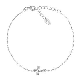 Amen bracelet of 925 silver, curved cross with white rhinestones
