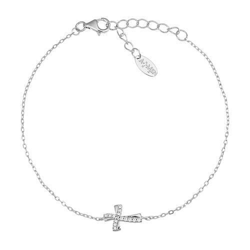 Amen bracelet of 925 silver, curved cross with white rhinestones 1