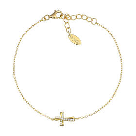 Amen bracelet of gold plated 925 silver, curved cross with white rhinestones