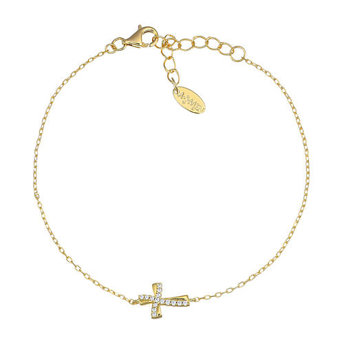 Amen bracelet of gold plated 925 silver, curved cross with white rhinestones 1