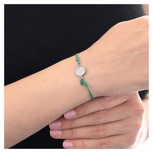 Green adjustable bracelet with silver medal of St. Benedict 2