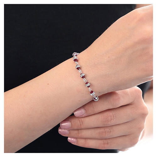 Bracciale grani cristallo rosso iridescente rondelle strass argento 925 2