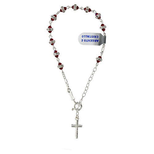 Cross bracelet with iridescent red crystal beads and 925 silver rhinestones 1