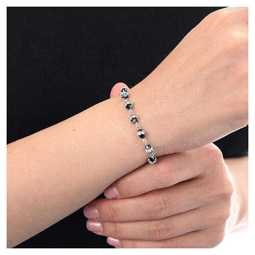 Bracciale decina grani conici neri iridescenti strass argento 925 2