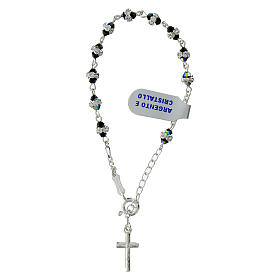 Cross bracelet with ten iridescent black conical beads and 925 silver rhinestones