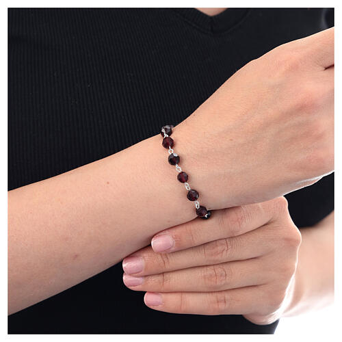 Rosenkranz-Armband, 10er-Armband, 925er Silber, granatfarbene Kristalle 6 mm, Pater-Perle und Kreuz 2