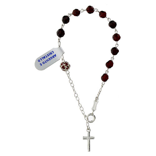 Single decade rosary bracelet, 0.24 inches garnet crystals, white Our Father bead with cross, 925 silver 1