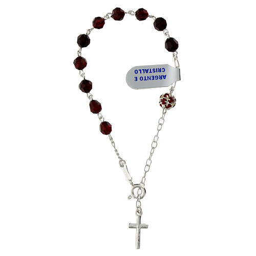 Single decade rosary bracelet, 0.24 inches garnet crystals, white Our Father bead with cross, 925 silver 3