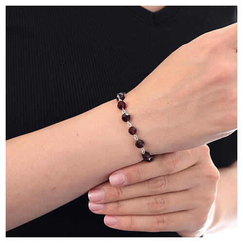 Single decade rosary bracelet, 0.24 inches garnet crystals and pink strass ball bead, 925 silver 2