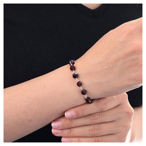 Single decade rosary bracelet, 0.24 inches garnet crystals and white bead with rose, 925 silver 2