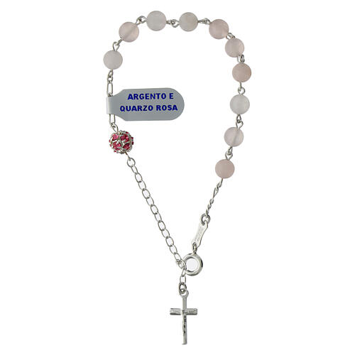 Bracciale decina argento grani 6 mm quarzo rosa strass 1