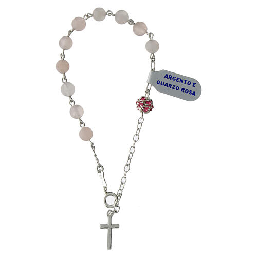 Bracciale decina argento grani 6 mm quarzo rosa strass 3