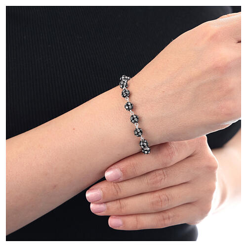 Pulsera decena cuentas strass 6 mm negra zircones blancos plata 925 2