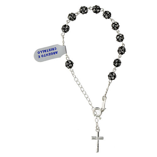 Rosary bracelet 6 mm black rhinestone ball with white cubic zirconia 925 silver 1