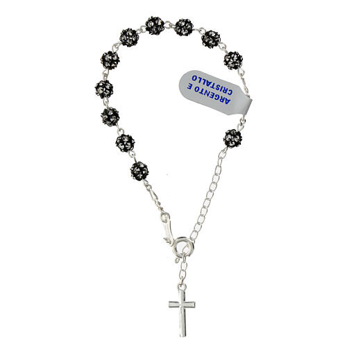 Rosary bracelet 6 mm black rhinestone ball with white cubic zirconia 925 silver 3